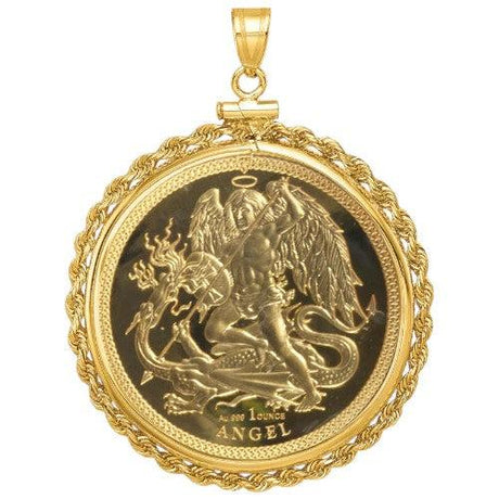 Isle of Man Gold Angel coin pendant, 1 ounce .999 fine gold, depicting St. Michael slaying the dragon, set in a rope gold bezel.