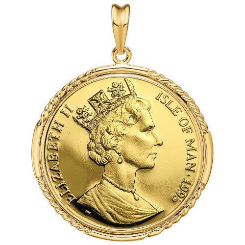 Isle of Man Gold Cat coin pendant from 1995, featuring Queen Elizabeth II portrait on the obverse, mounted in a smooth rope gold bezel.