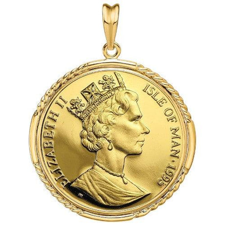 Isle of Man Gold Cat coin pendant from 1995, featuring Queen Elizabeth II portrait on the obverse, mounted in a smooth rope gold bezel.