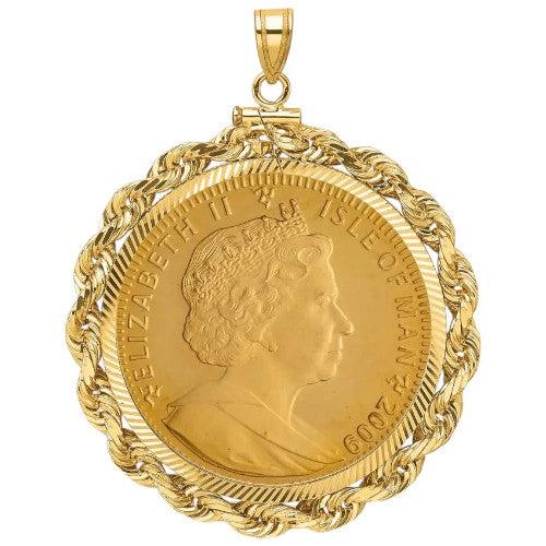Isle of Man Gold Noble coin pendant from 2009, featuring Queen Elizabeth II portrait, set in a braided rope gold bezel.