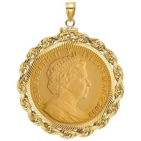 Isle of Man Gold Noble coin pendant from 2009, featuring Queen Elizabeth II portrait, set in a braided rope gold bezel.