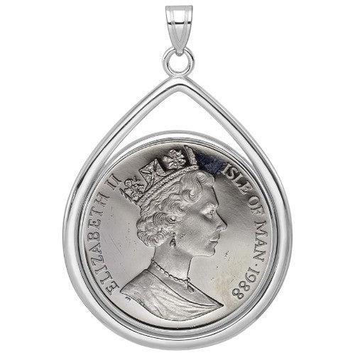 Isle of Man Platinum Noble coin pendant from 1988, featuring Queen Elizabeth II portrait, mounted in a teardrop-shaped white gold bezel.