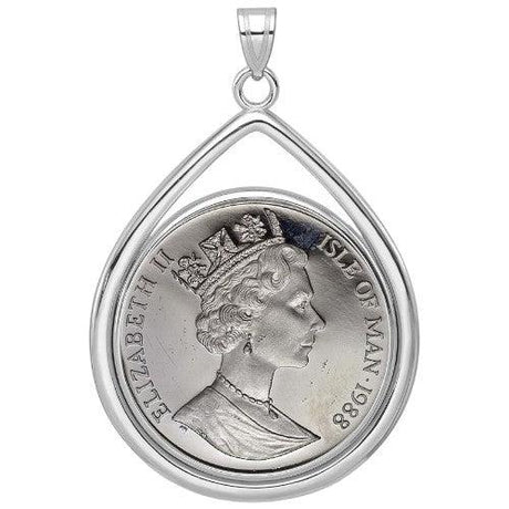 Isle of Man Platinum Noble coin pendant from 1988, featuring Queen Elizabeth II portrait, mounted in a teardrop-shaped white gold bezel.