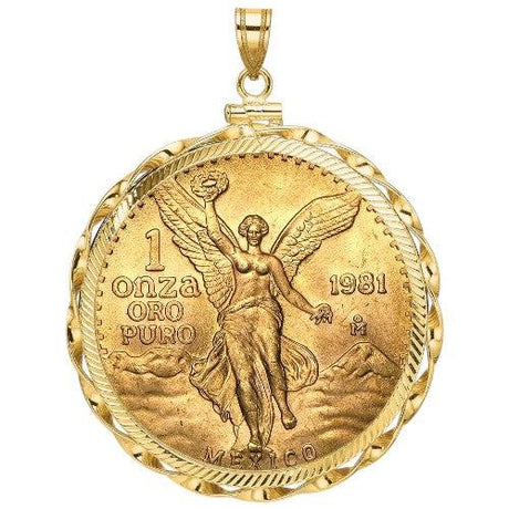 Mexican 1 Onza Gold Libertad coin pendant from 1981, one ounce oro puro, featuring Winged Victory with volcanoes, mounted in a twisted gold bezel.