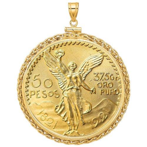 Mexican 50 Peso Centenario gold coin pendant, 37.5 grams pure gold, featuring Winged Victory with volcanoes in the background, set in a decorative rope gold bezel.