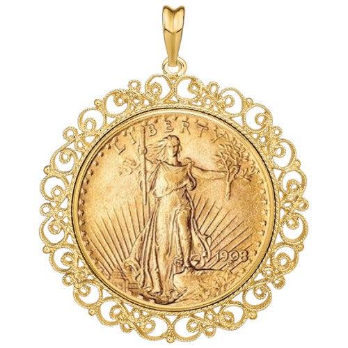 Saint-Gaudens Double Eagle gold coin displayed inside a gold bezel, featuring Lady Liberty with a torch and olive branch, issued by the United States Mint.