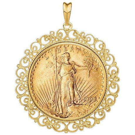 Saint-Gaudens Double Eagle gold coin displayed inside a gold bezel, featuring Lady Liberty with a torch and olive branch, issued by the United States Mint.