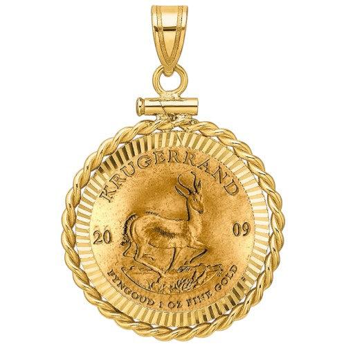 2009 South African Gold Krugerrand pendant, one ounce fine gold coin with springbok antelope design, mounted in a twisted rope gold bezel.