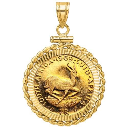 South African 1 Rand gold coin pendant from 1969, featuring the springbok antelope design, set in a twisted rope gold bezel.
