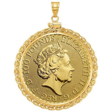 UK Gold Britannia coin pendant featuring Queen Elizabeth II portrait, 100 pounds denomination, displayed in a gold bezel.