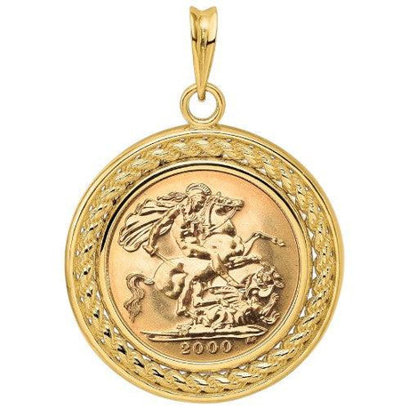 Gold Half Sovereign coin pendant from 2000, showing St. George slaying the dragon, mounted in a patterned gold bezel."