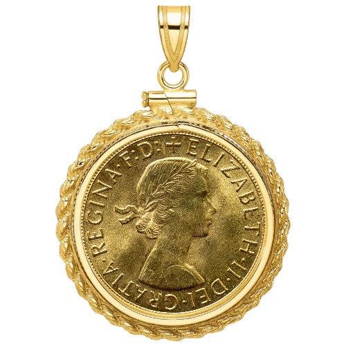Gold Sovereign coin pendant featuring Queen Elizabeth II profile, set in a gold bezel.