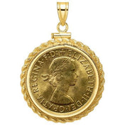 Gold Sovereign coin pendant featuring Queen Elizabeth II profile, set in a gold bezel.
