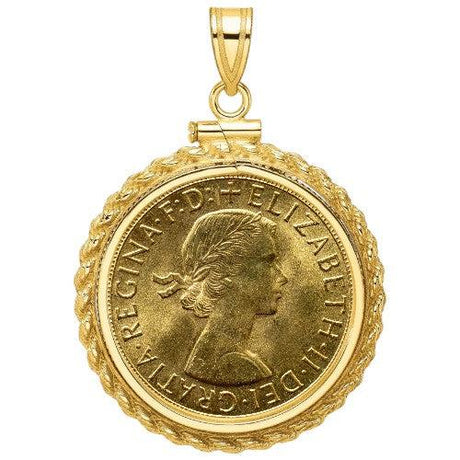 Gold Sovereign coin pendant featuring Queen Elizabeth II profile, set in a gold bezel.