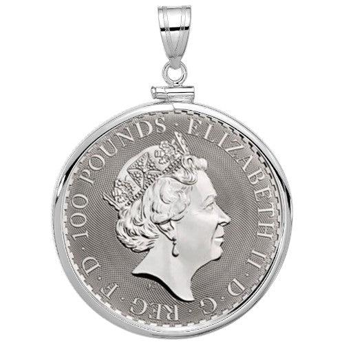 UK Platinum Britannia coin pendant featuring Queen Elizabeth II profile, 100 pounds denomination, set in a polished white gold bezel.