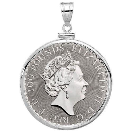 UK Platinum Britannia coin pendant featuring Queen Elizabeth II profile, 100 pounds denomination, set in a polished white gold bezel.