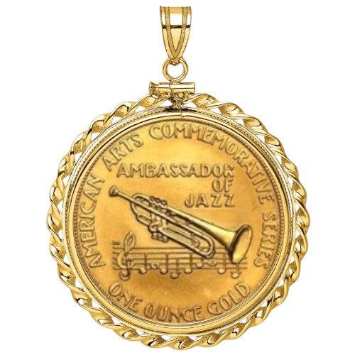 One ounce gold Louis Armstrong American Arts Medallion coin, issued by the United States Mint in 1982, featuring a portrait of the legendary jazz musician, displayed inside a gold bezel.