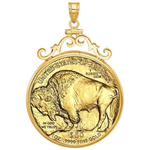 One ounce .9999 fine American Buffalo gold coin reverse, featuring the American buffalo design, displayed inside a gold bezel.