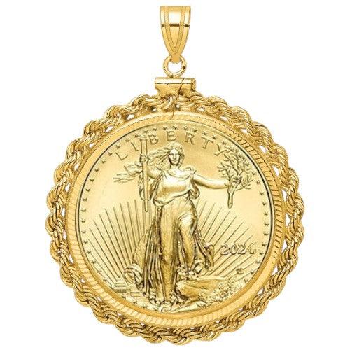 American Eagle gold coin featuring Lady Liberty design, 22-karat bullion coin issued by the U.S. Mint, displayed inside a gold bezel.