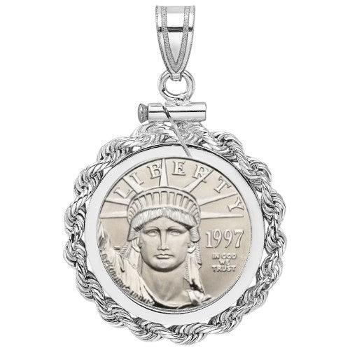 American Eagle platinum coin featuring the Statue of Liberty design, .9995 fine platinum bullion coin from the U.S. Mint, displayed inside a white gold bezel.