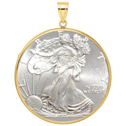 American Eagle Silver coin, 1 oz .999 fine silver, featuring Walking Liberty design from the U.S. Mint, displayed inside a gold bezel.