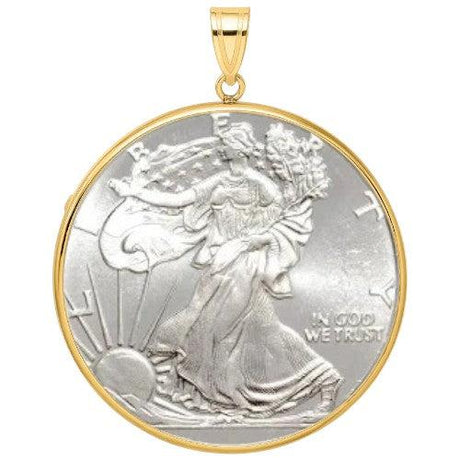 American Eagle Silver coin, 1 oz .999 fine silver, featuring Walking Liberty design from the U.S. Mint, displayed inside a gold bezel.