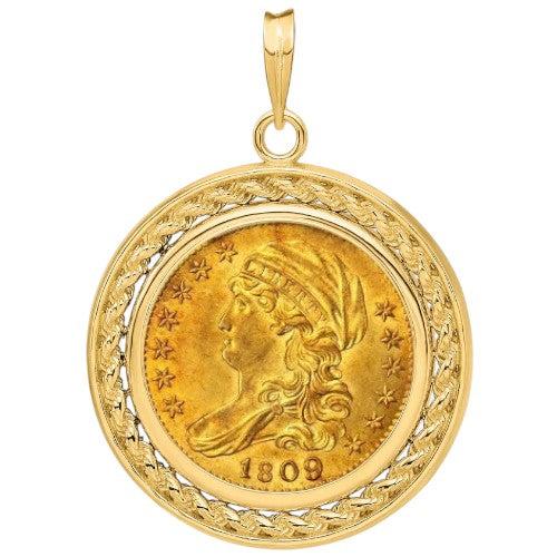 US Capped Bust Half Eagle gold coin, $5 piece struck 1807–1834, featuring Liberty with capped bust design, displayed inside a gold bezel.
