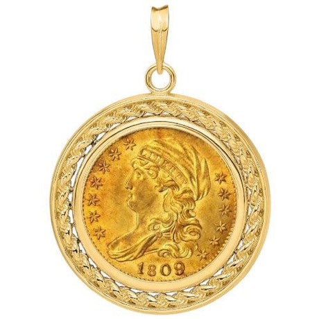 US Capped Bust Half Eagle gold coin, $5 piece struck 1807–1834, featuring Liberty with capped bust design, displayed inside a gold bezel.
