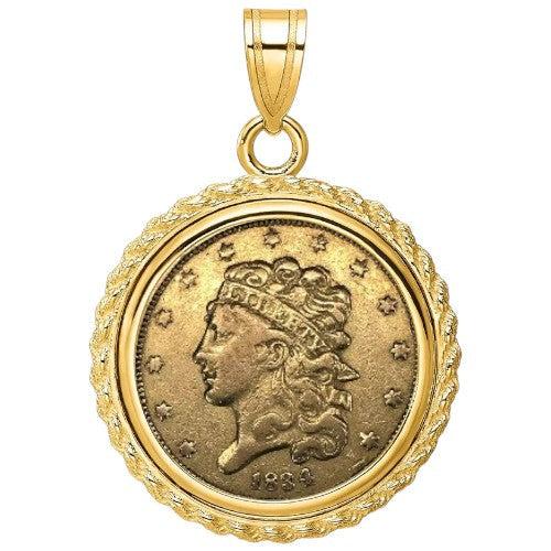 US Classic Head Half Eagle gold coin, $5 piece from 1834–1838, featuring Liberty with classic head design, displayed inside a gold bezel.