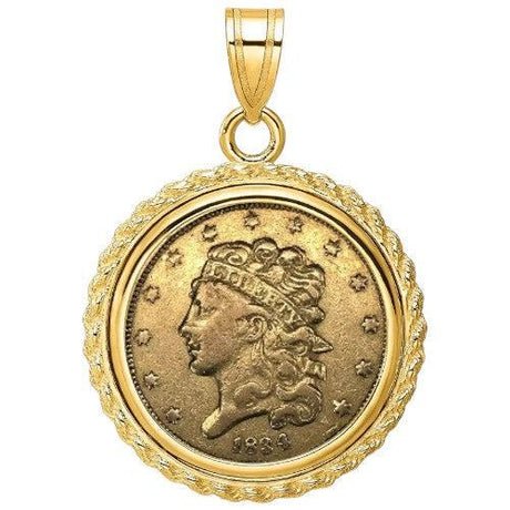 US Classic Head Half Eagle gold coin, $5 piece from 1834–1838, featuring Liberty with classic head design, displayed inside a gold bezel.