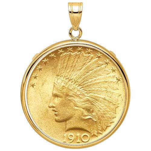 US Indian Head Eagle gold coin, $10 piece from 1907–1933, featuring Liberty in a Native American headdress, displayed inside a gold bezel.
