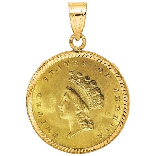 US Indian Princess Gold Dollar Type 2 coin, 1854–1856, $1 gold piece featuring Liberty with feathered headdress, displayed inside a gold bezel.