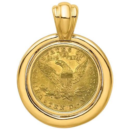 U.S. Liberty Head Eagle gold coin reverse in a gold bezel, featuring the American eagle with shield and olive branch, minted by the United States Mint.