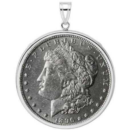 US Morgan Silver Dollar coin, .900 fine silver, 1878–1921 and 2021 issues, featuring Lady Liberty and eagle design by George T. Morgan, displayed inside a white gold bezel.