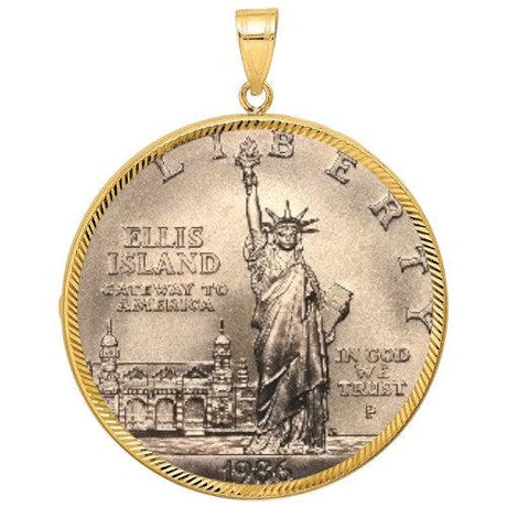 1986 US Silver Commemorative Dollar, Statue of Liberty Centennial coin in .900 fine silver, featuring Liberty and Ellis Island design, displayed inside a gold bezel.