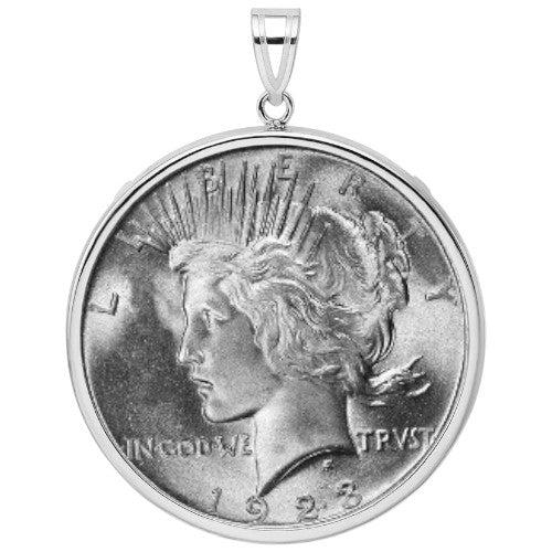 US Silver Peace Dollar coin, 1921–1935, .900 fine silver, featuring Liberty with radiant crown design by Anthony de Francisci, displayed inside a white gold bezel.