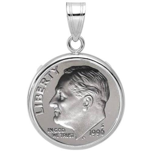 U.S. Roosevelt dime in a white gold bezel, featuring the profile of President Franklin D. Roosevelt.