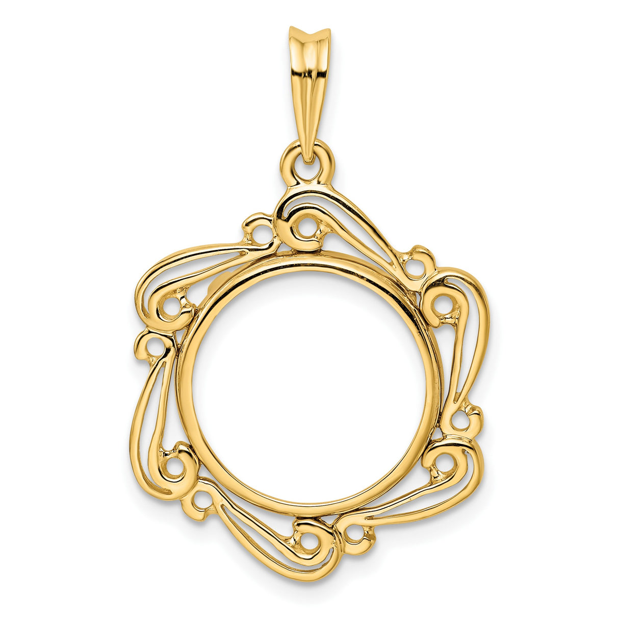 Australian 1/10 oz Gold Lunar $15 Coin Series 1 Coin Bezel Pendant Prong Set Flower Scroll in 14k Yellow Gold