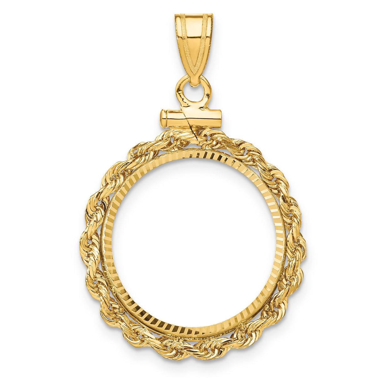 Isle of Man 1/10 oz Gold Cat Coin Bezel Pendant Screw Top Petite Diamond-Cut Knotted Rope in 10k Yellow Gold