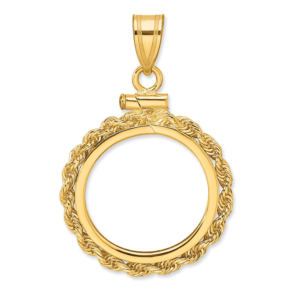 Australian 1/10 oz Gold Kangaroo $15 Coin Bezel Pendant Screw Top Petite Knotted Rope in 14k Yellow Gold