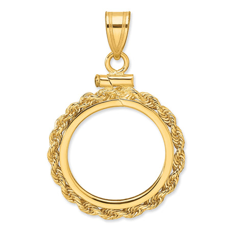 Australian 1/10 oz Gold Kangaroo $15 Coin Bezel Pendant Screw Top Petite Knotted Rope in 14k Yellow Gold
