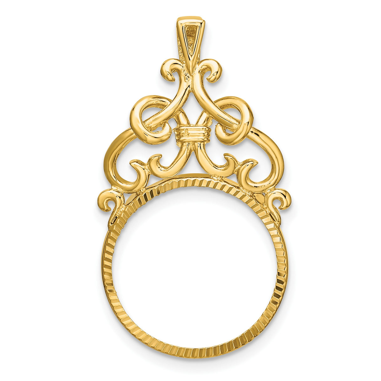 Australian 1/10 oz Gold Lunar $15 Coin Series 3 Coin Bezel Pendant Prong Set Baroque Diaomond-Cut Scrollwork Design in 14k Yellow Gold