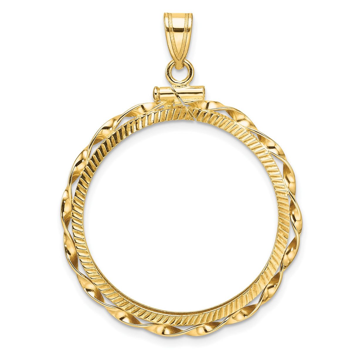 US 1/2 oz Platinum American Eagle $50 Coin Bezel Pendant Screw Top Diamond-Cut Twisted Ribbon in 14k Yellow Gold