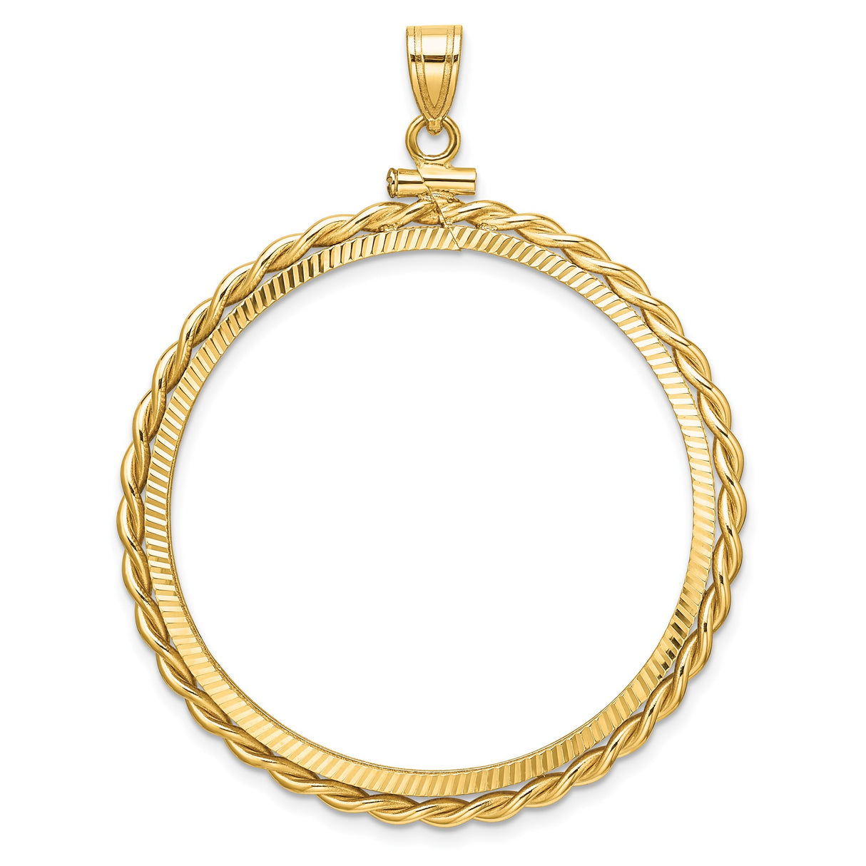 37 mm Coin Bezel Pendant Diamond-Cut Braided Rope Twist Prong Set in 14k Yellow Gold