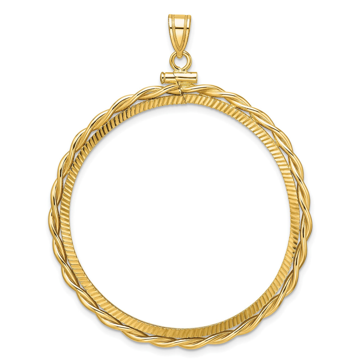 39.5 mm Coin Bezel Pendant Diamond-Cut Braided Rope Twist Prong Set in 14k Yellow Gold