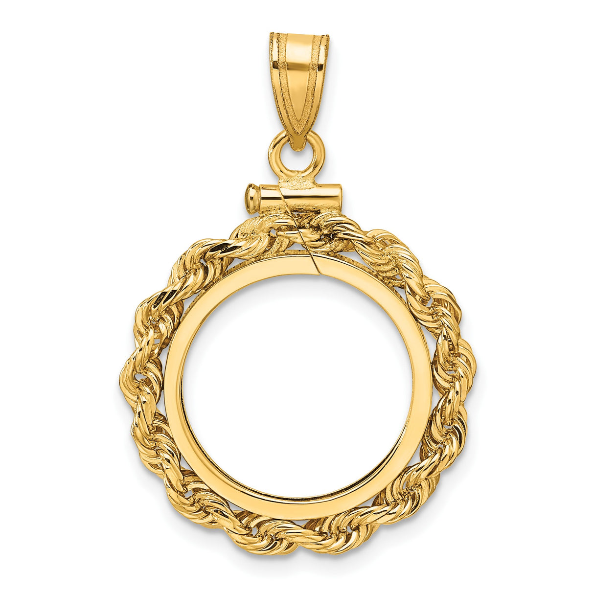 Australian 1/10 oz Gold Kangaroo $15 Coin Bezel Pendant Screw Top Knotted Rope in 14k Yellow Gold