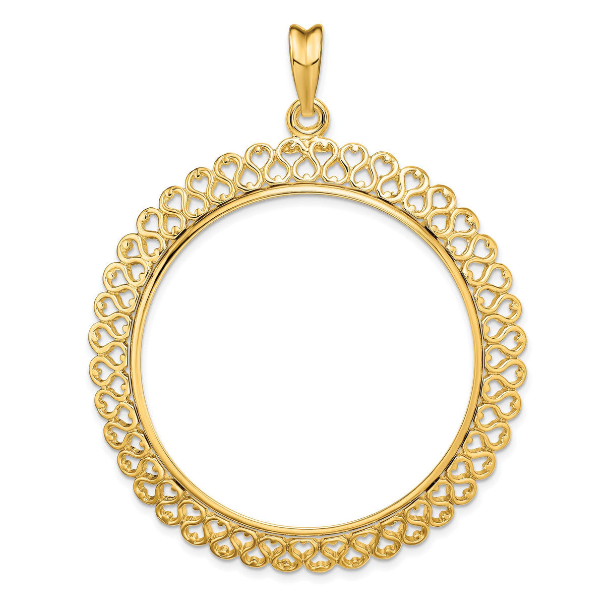 39.5 mm Coin Bezel Pendant Filigree Hearts Prong Set in 14k Yellow Gold