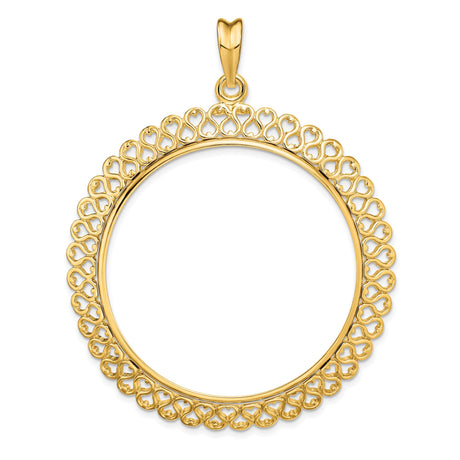 39.5 mm Coin Bezel Pendant Filigree Hearts Prong Set in 14k Yellow Gold