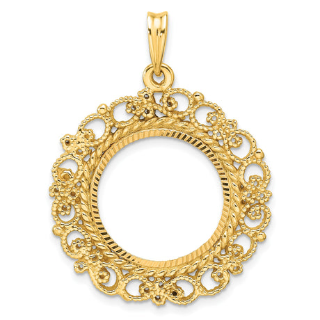 Isle of Man 1/10 oz Gold Cat Coin Bezel Pendant Prong Set Diamond-Cut Filigree Victorian in 14k Yellow Gold