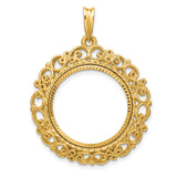 19.5 mm Coin Bezel Pendant Diamond-Cut Filigree Victorian Prong Set in 14k Yellow Gold